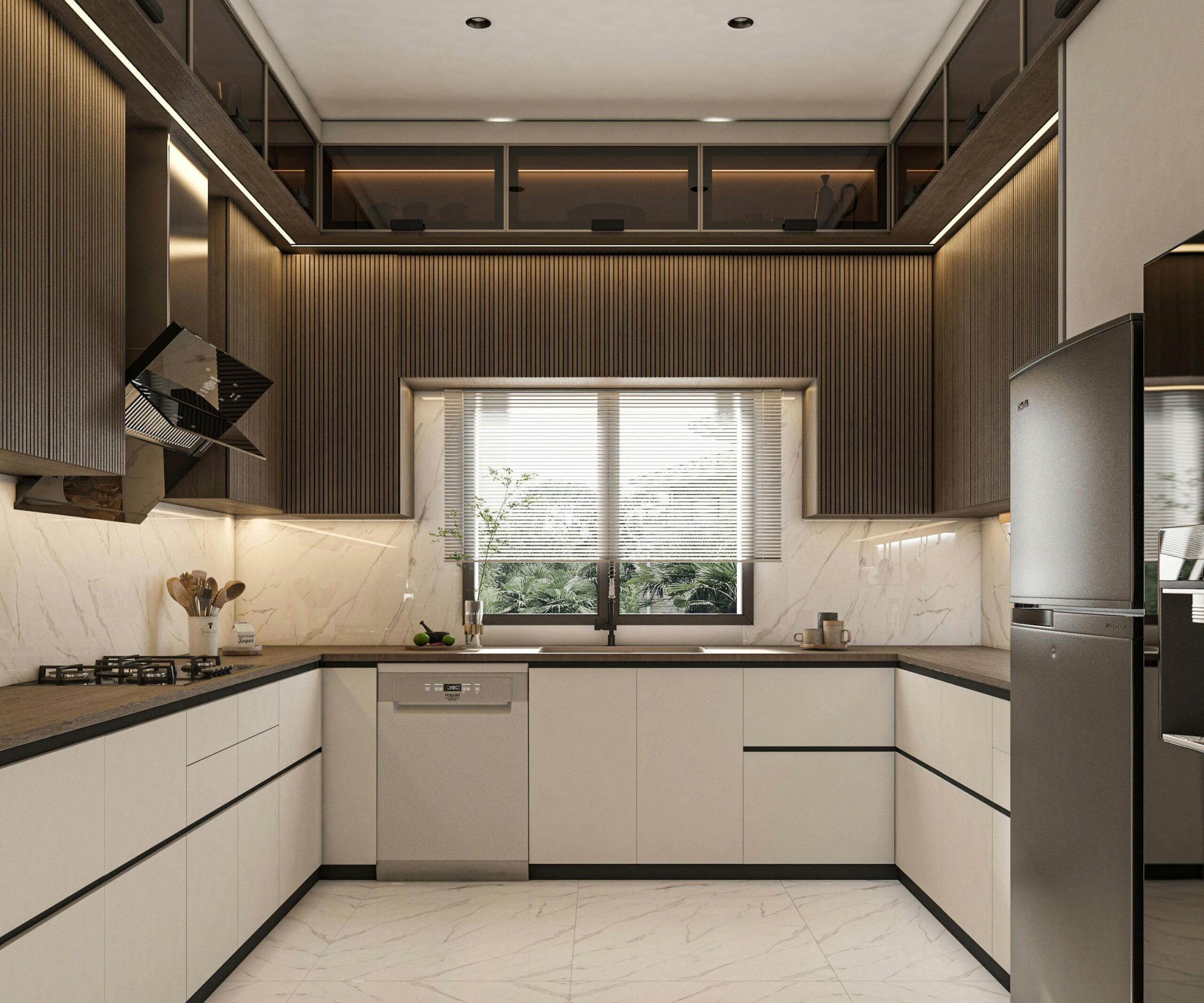 Luxurious modern bedroom featuring elegant design elements, soft lighting, and cozy bedding.
